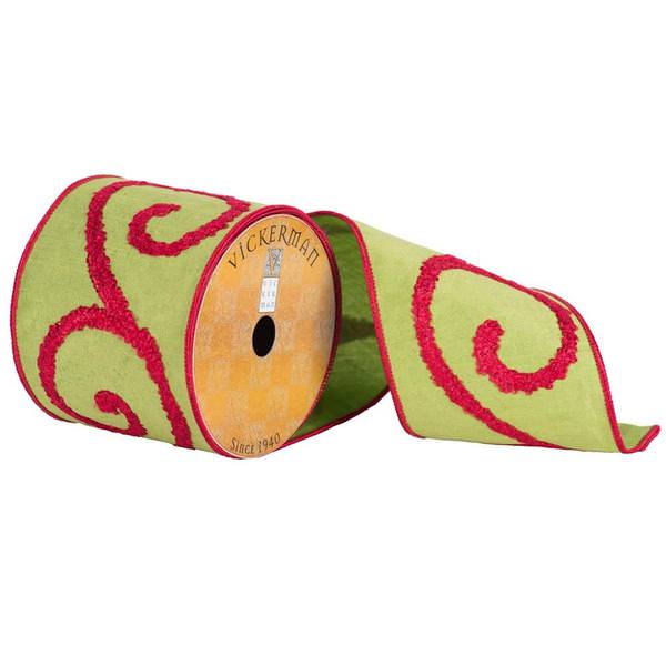 4" x 10yd Green/Red Embroidered Towel Scrolls Ribbon
