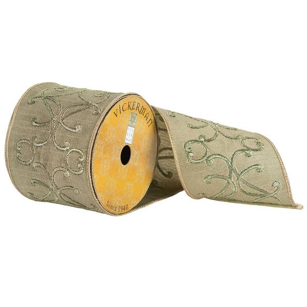 4" x 10yd Green Embroidered Ribbon