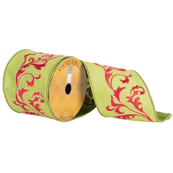 4" x 10yd Green/Red Embroidered Ribbon