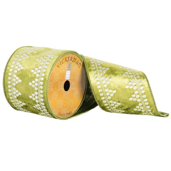 4" x 10yd Green/White Velvet/Lace Ribbon