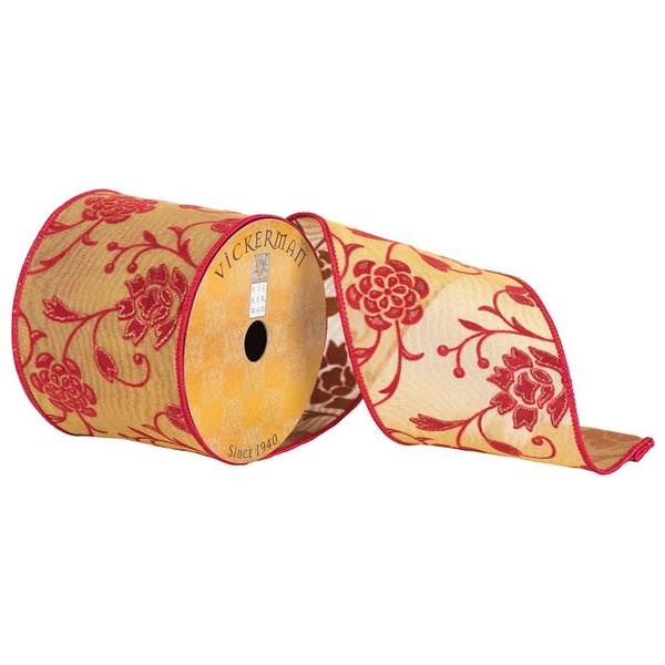4" x 10yd Gold/Red Embroidered Flowers Ribbon
