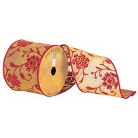 Vickerman 4" x 10yd Gold/Red Embroidered Flowers Ribbon
