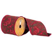 Vickerman 4" x 10yd Brown/Red Embroidered Flower Ribbon