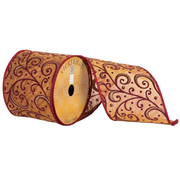 4" x 10yd Gold/Burgundy Scrolls Ribbon