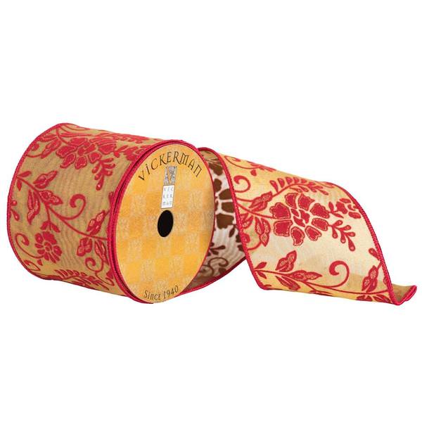 4" x 10yd Gold/Red Flower Ribbon