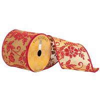 Vickerman 4" x 10yd Gold/Red Flower Ribbon