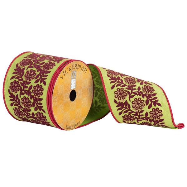 4" x 10yd Green/Burgundy Flower/Vine Pattern Ribbon