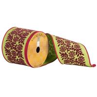 Vickerman 4" x 10yd Green/Burgundy Flower/Vine Pattern Ribbon