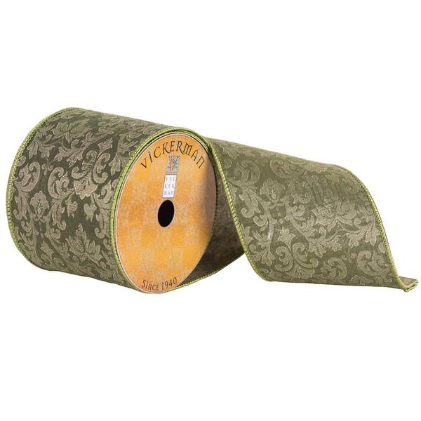 4" x 10yd Green Embroidered Jacquard Damask Ribbon