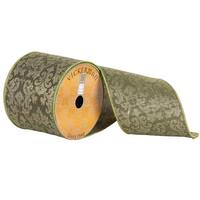 Vickerman 4" x 10yd Green Embroidered Jacquard Damask Ribbon