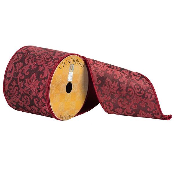 4" x 10yd Red Embroidered Jacquard Damask Ribbon