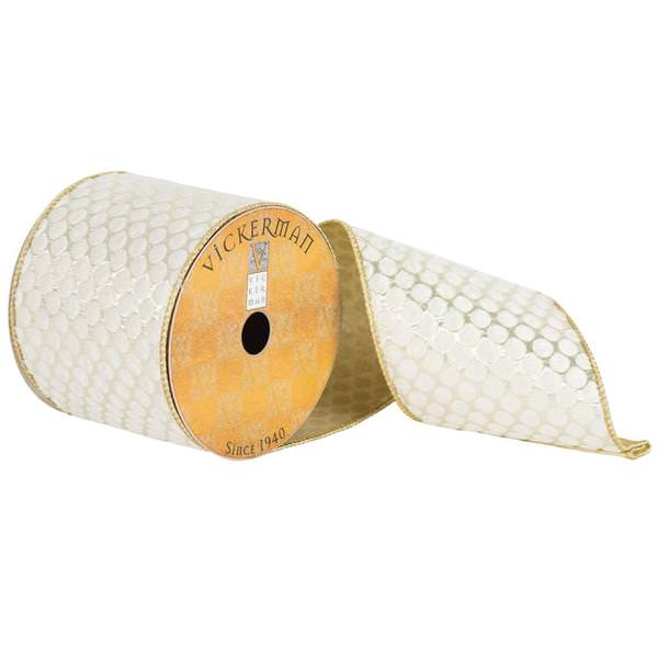 4" x 10yd White/Gold Honeycomb Ribbon