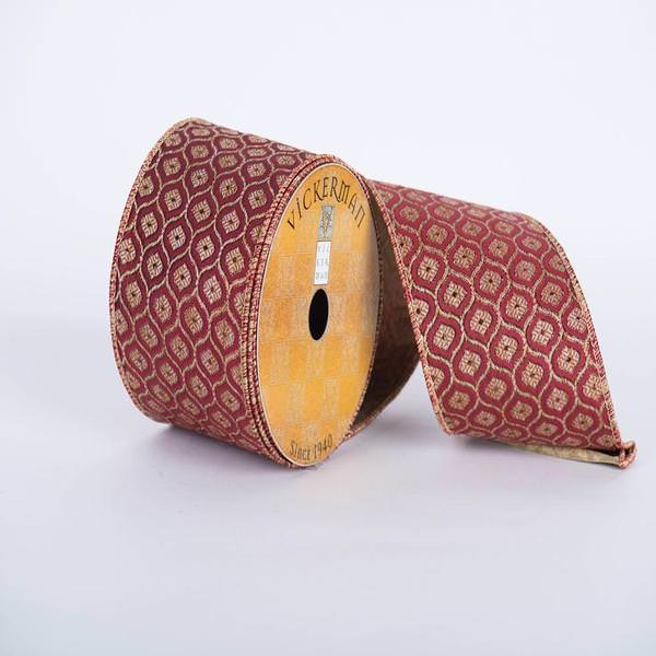 4" x 10yd Burgundy/Gold Jacquard Flower Ribbon
