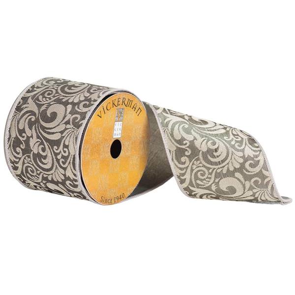 4" x 10yd Silver Jacquard Swirl Ribbon