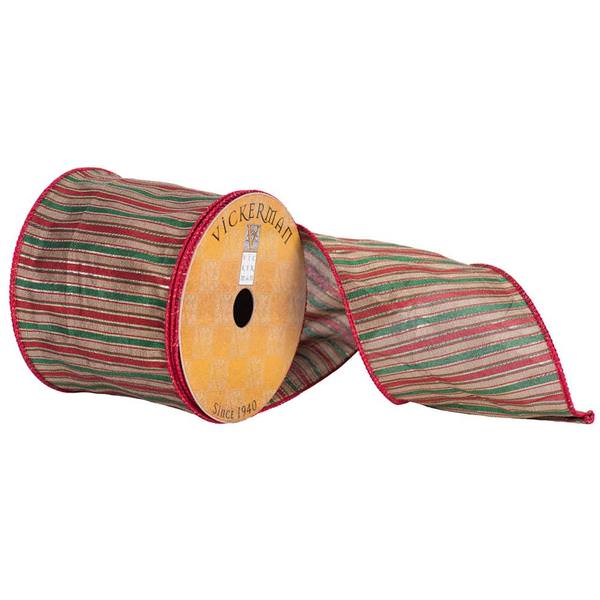 4" x 10yd Tan/Red/Green Stripes Ribbon