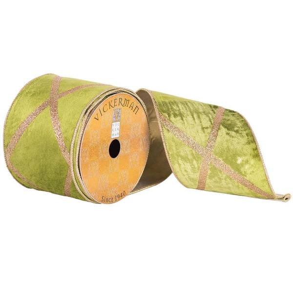 4" x 10yd Green/Gold Velvet Ribbon