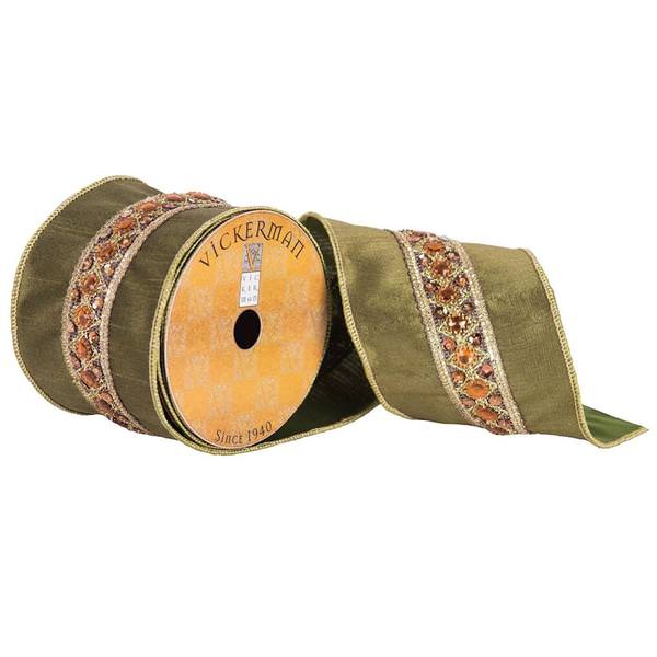 4" x 10yd Green/Gold Embroidered Ribbon
