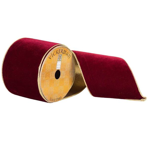 4" x 10yd Burgundy Gold Edge Plush Velvet Ribbon