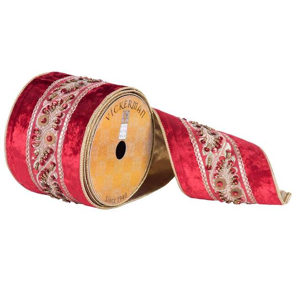4" x 10yd Red Velvet Beaded Ribbon
