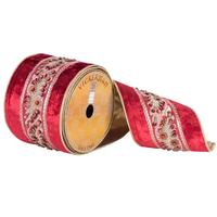 Vickerman 4" x 10yd Red Velvet Beaded Ribbon