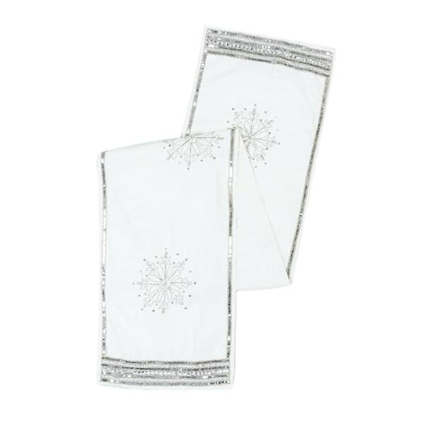 12" x 60" White Banded Snowflake Table Runner