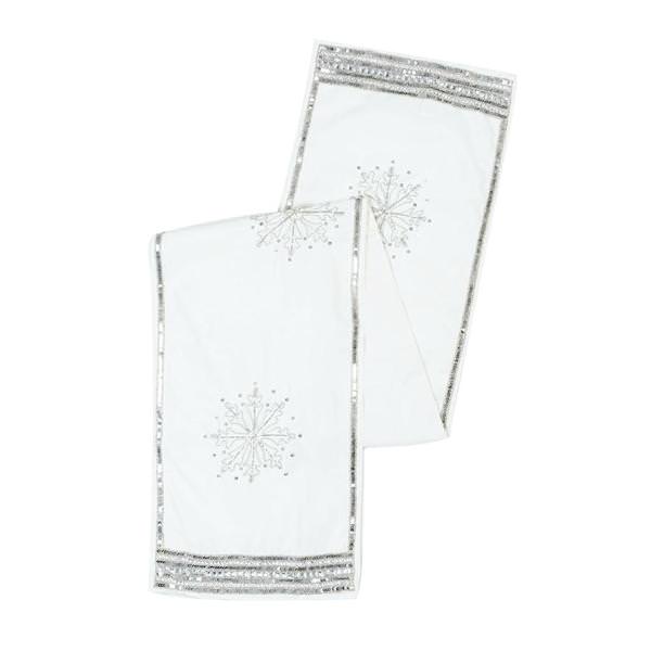 14" x 90" Pure White Banded Snowflake Table Runner