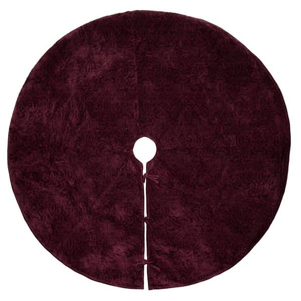 60" Wine Cotton Velvet Embroidered Tree Skirt