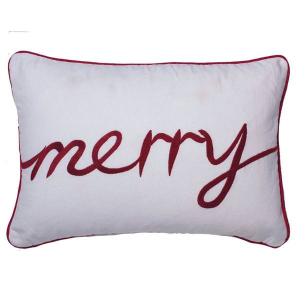 14" White with Red Piping "Merry" Pillow
