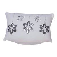 View 12" x 20"  White/Silver Cotton Velvet Embroidered Silver Snowflake Pillow