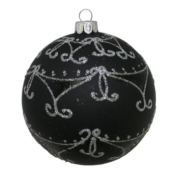 4" Black Matte/Silver Glitter Swirls Glass Ball Ornament