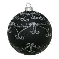 Vickerman 4" Black Matte/Silver Glitter Swirls Glass Ball Ornament
