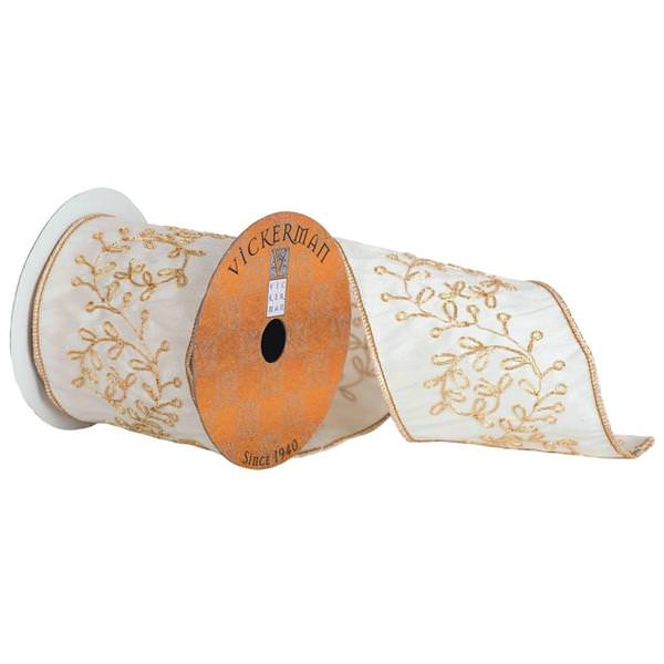 4" x 5yd Ivory/Gold Embroidered Vine Ribbon