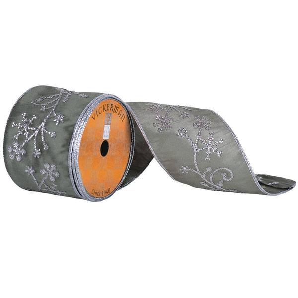 4" x 5yd Green Silver Sequin Snowflake Ribbon