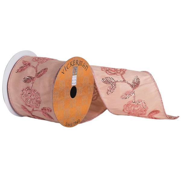 4" x 5yd Cream/Pink Sequin Flower Ribbon