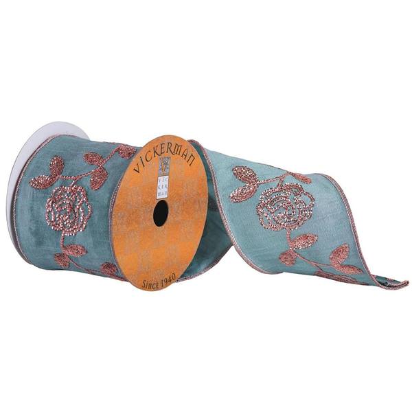 4" x 5yd Teal Ribbon With Pink Sequin Flower Pattern And Pink Edge