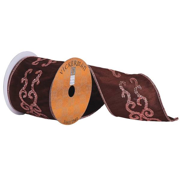 4" x 5yd Chocolate Ribbon With Pink Sequin Swirl Center