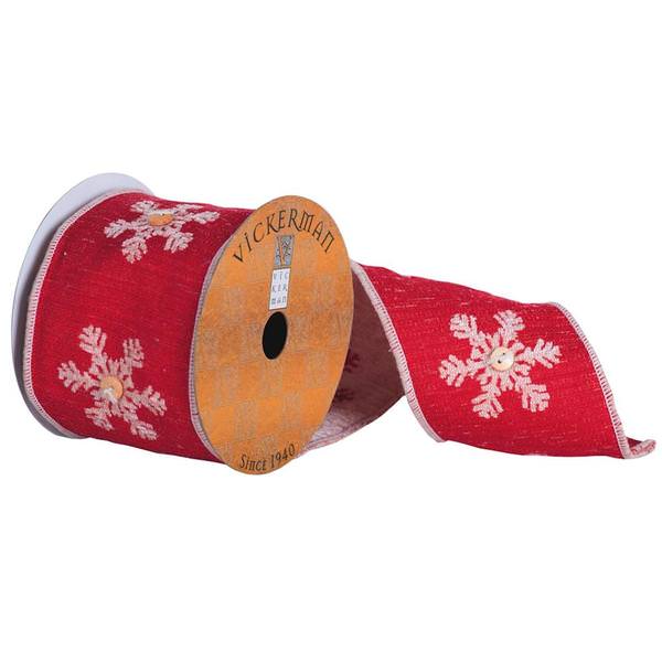 4" x 5yd Red With Tan Embroidered Snowflakes Button Center Ribbon