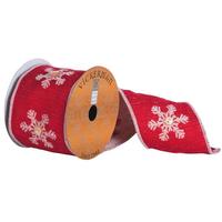 Vickerman 4" x 5yd Red With Tan Embroidered Snowflakes Button Center Ribbon