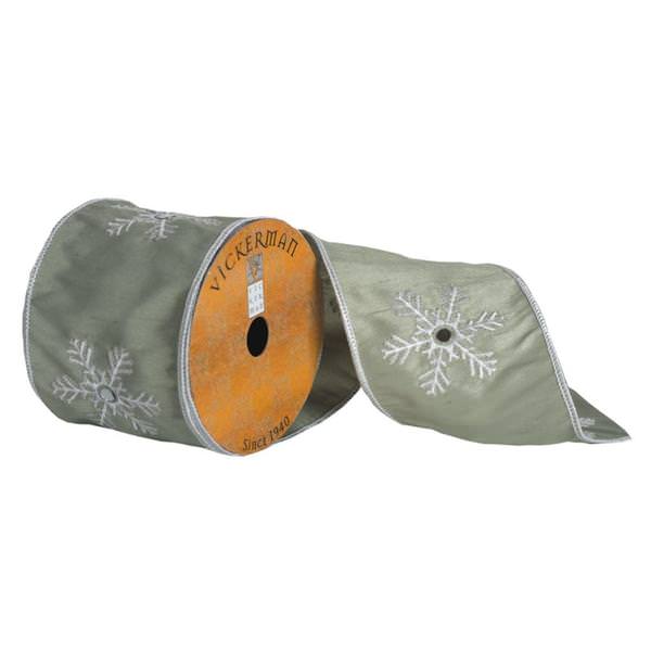 4" x 5yd Green White Snowflake Mirror Ribbon
