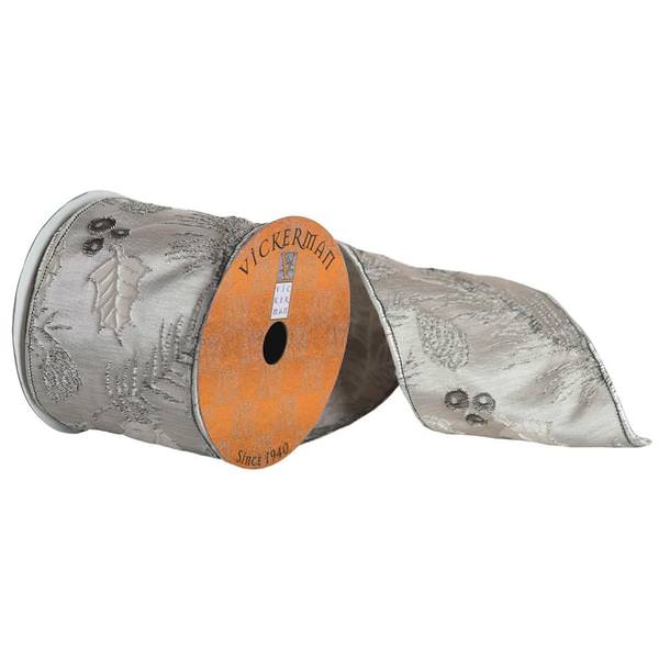 4" x 10yd Silver Ribbon With Black Embroidery