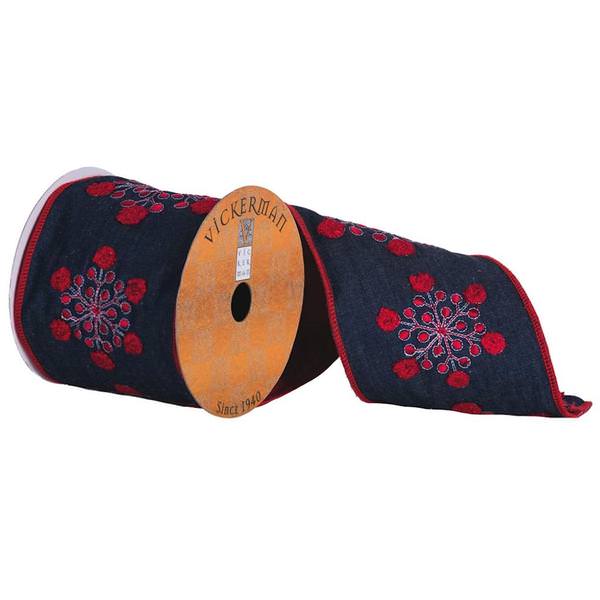 4" x 5yd Dark Feathered Blue Ribbon / Red Fuzzy Snowflake Stitch 
