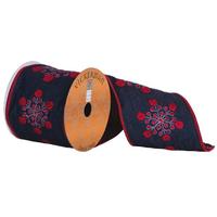 Vickerman 4" x 5yd Dark Feathered Blue Ribbon / Red Fuzzy Snowflake Stitch 