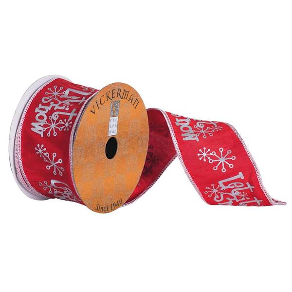 2.5" x 10yd Embroidered "Let It Snow" Snowflakes Silver / Red Ribbon