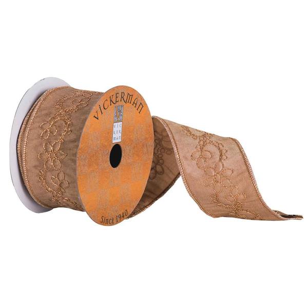 2.5" x 5yd Flower Embroidered Stitch And Gold Edge Ribbon