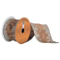 Vickerman 2.5" x 5yd Brown Ribbon With Silver Snowflake Stitch
