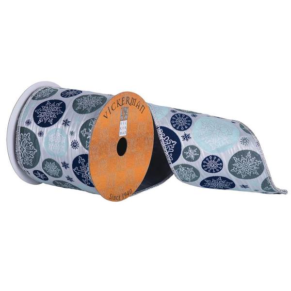 4" x 10yd Silver Ribbon With Navy / Light Blue / Green Snowflakes