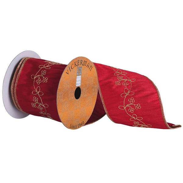 4" x 5yd Red With Gold Swirl Center Ribbon
