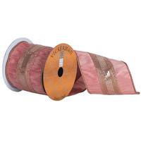 Vickerman 4" x 5yd Pink / Gold Stitching And Sequin Center Stripe Ribbon