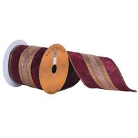 Vickerman 4" x 5yd Burgundy / Gold Stiching And Sequin Stripe Ribbon