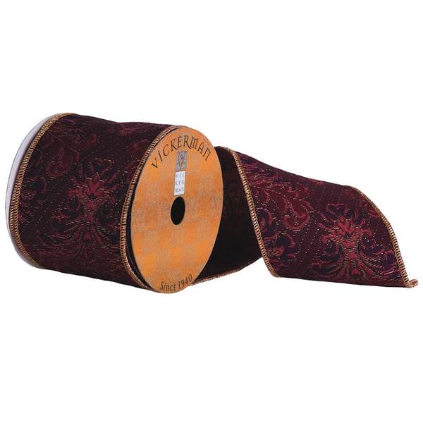 4" x 10yd Burgundy Jacquard Ribbon With Gold Edge